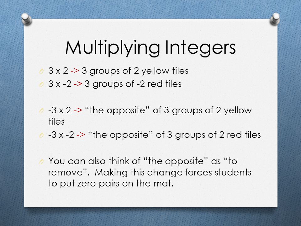 Multiplying Integers 3 x 2 -> 3 groups of 2 yellow tiles