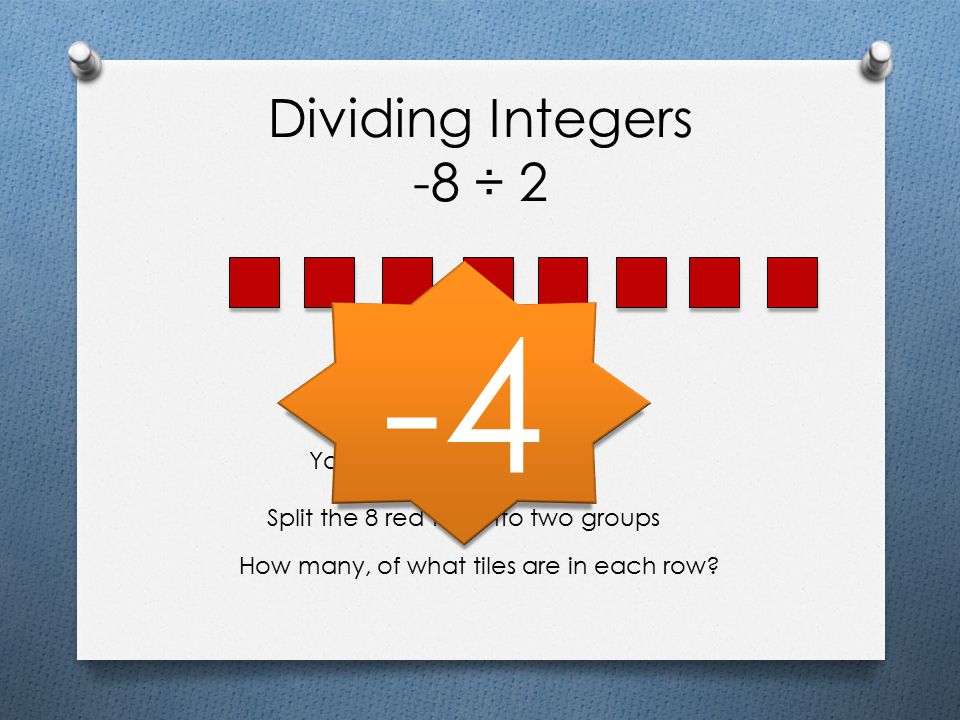 -4 Dividing Integers -8 ÷ 2 You start with 8 red tiles