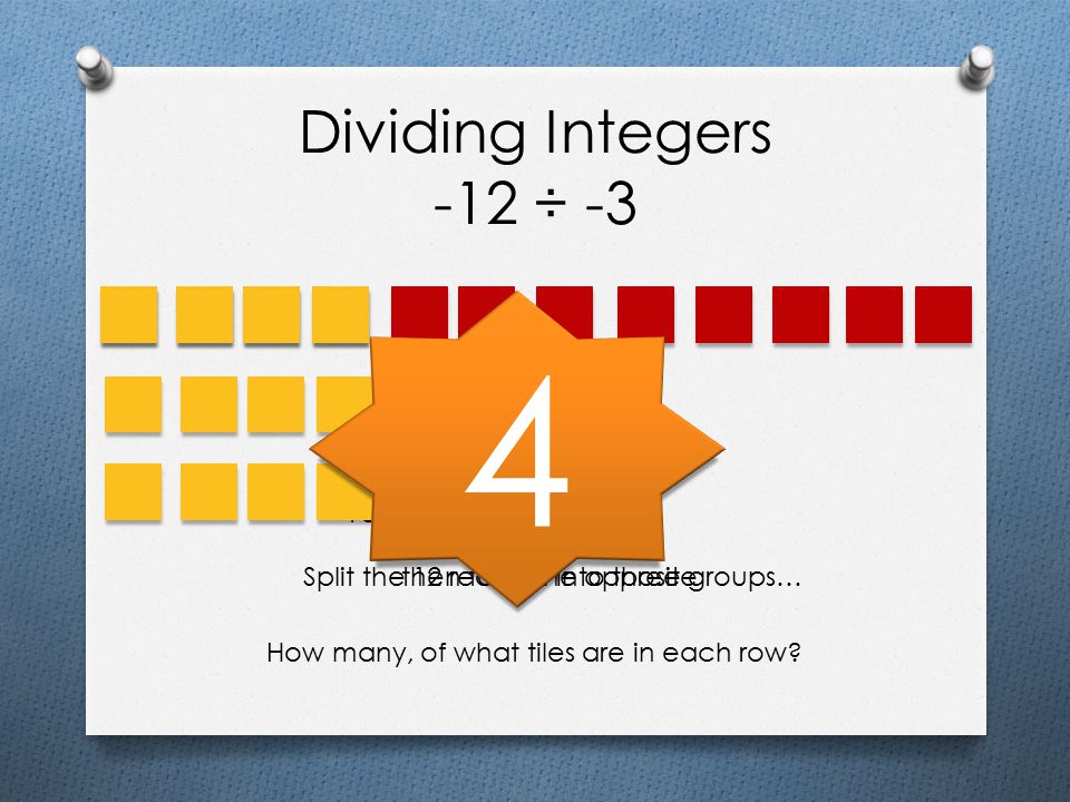 4 Dividing Integers -12 ÷ -3 You start with 12 red tiles