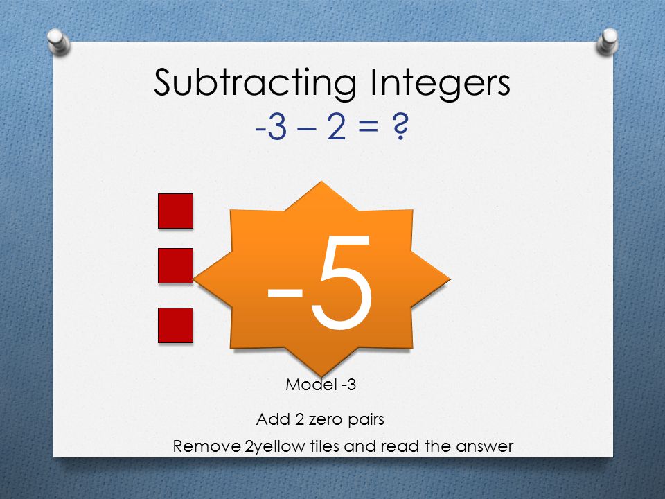 Subtracting Integers -3 – 2 =