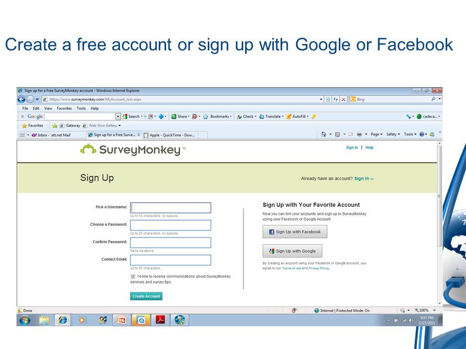 Create a free account or sign up with Google or Facebook