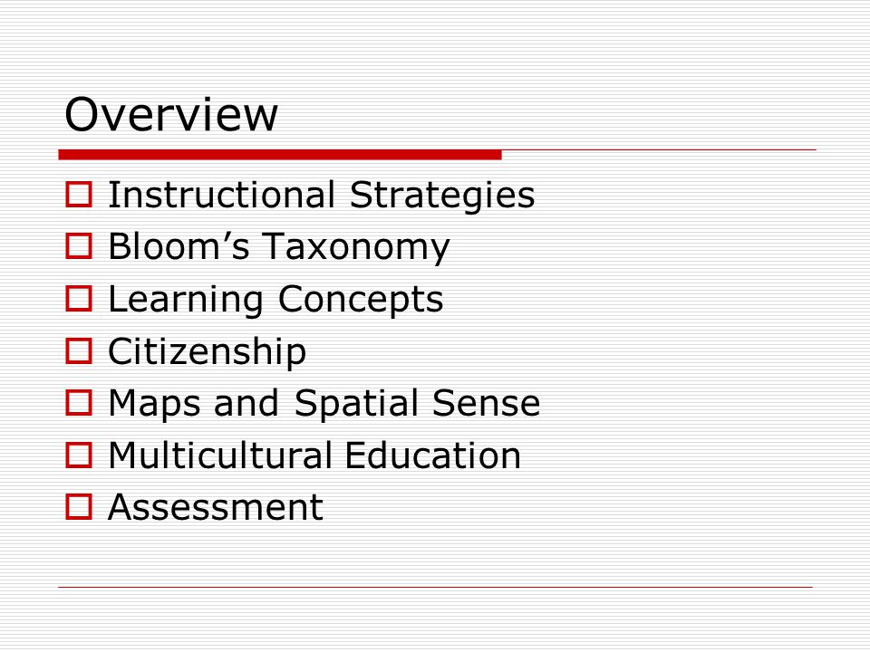 Overview Instructional Strategies Bloom’s Taxonomy Learning Concepts