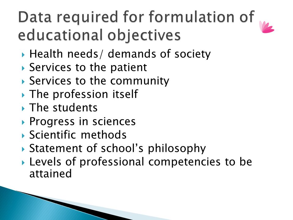 Data required for formulation of educational objectives