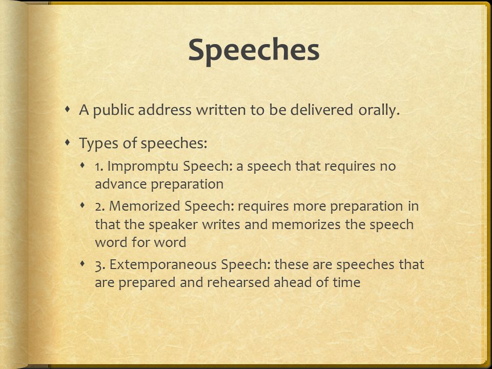 Speeches A public address written to be delivered orally.