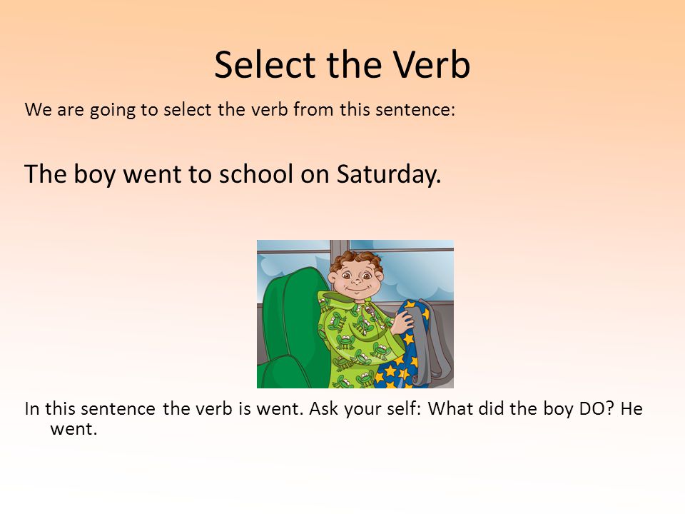 Select the Verb The boy went to school on Saturday.
