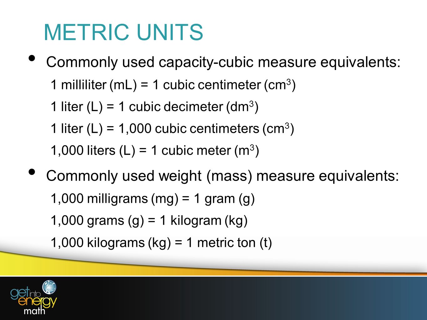 METRIC UNITS Commonly used capacity-cubic measure equivalents: