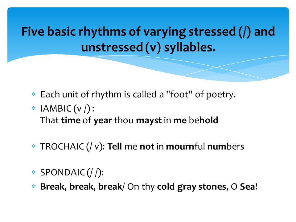 Five basic rhythms of varying stressed (/) and unstressed (v) syllables.