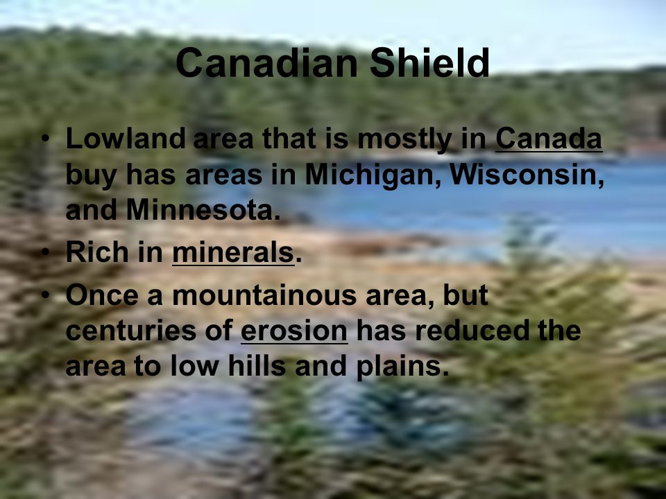 Canadian Shield Lowland area that is mostly in Canada buy has areas in Michigan, Wisconsin, and Minnesota.