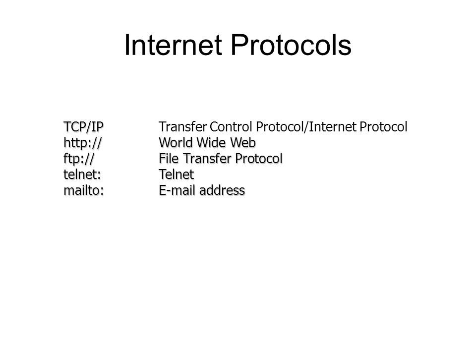 Internet Protocols TCP/IP Transfer Control Protocol/Internet Protocol