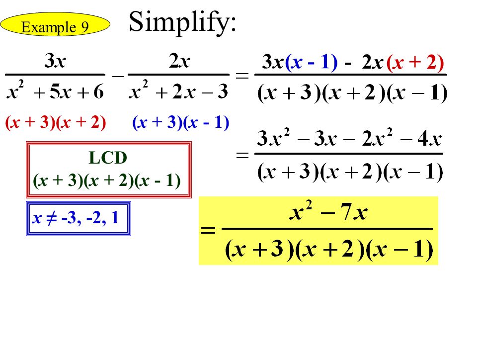 Simplify: 3x (x - 1) - 2x (x + 2) (x + 3)(x + 2) (x + 3)(x - 1) LCD