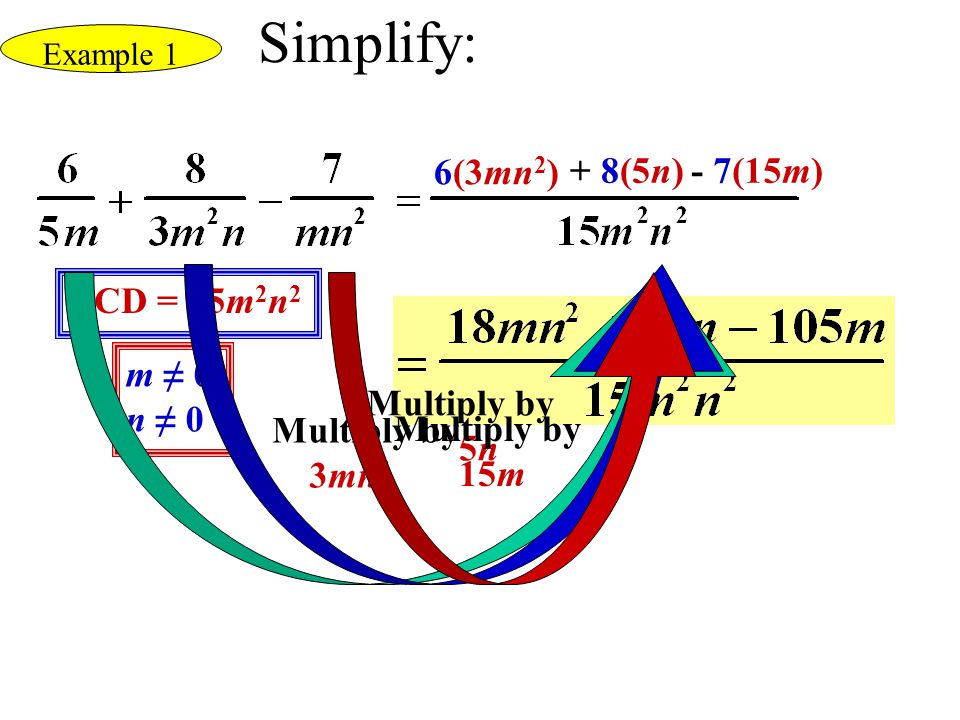 Simplify: 6(3mn2) + 8(5n) - 7(15m) Multiply by 5n LCD = 15m2n2 m ≠ 0