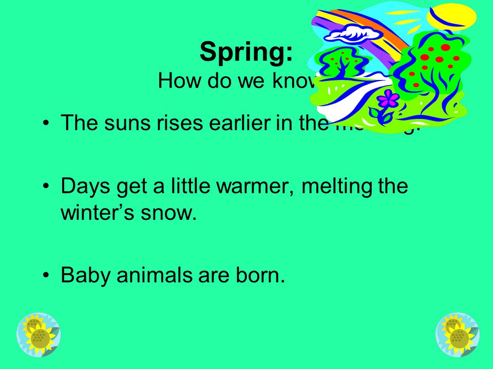 Spring: How do we know The suns rises earlier in the morning.