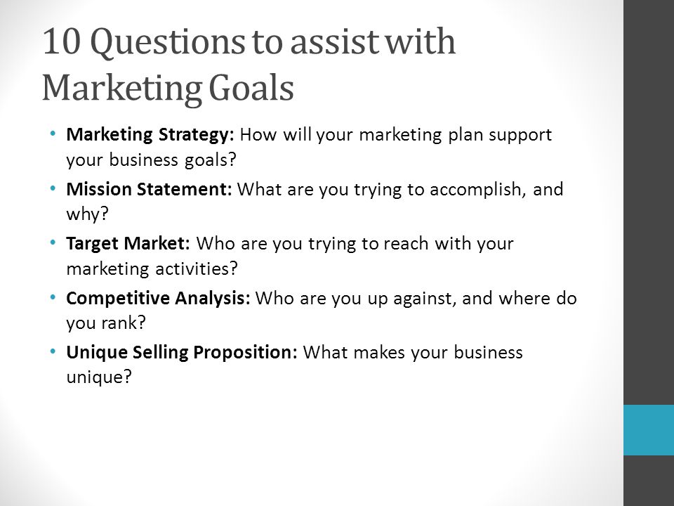 10 Questions to assist with Marketing Goals