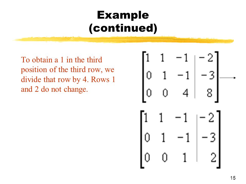 Example (continued) To obtain a 1 in the third position of the third row, we divide that row by 4.