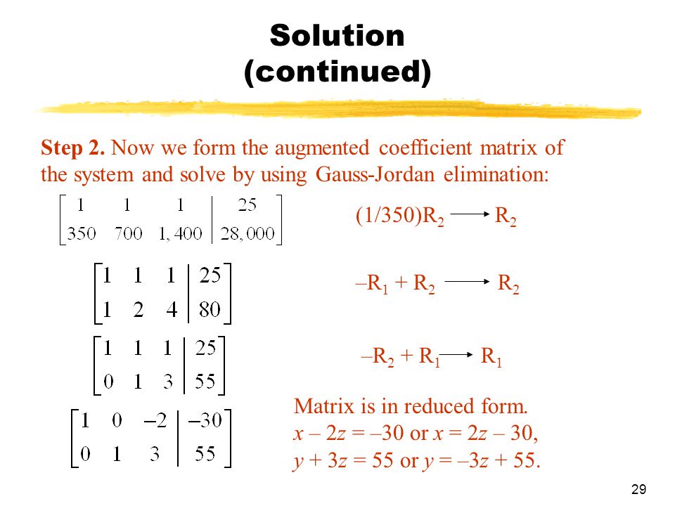 Solution (continued) Step 2. Now we form the augmented coefficient matrix of the system and solve by using Gauss-Jordan elimination: