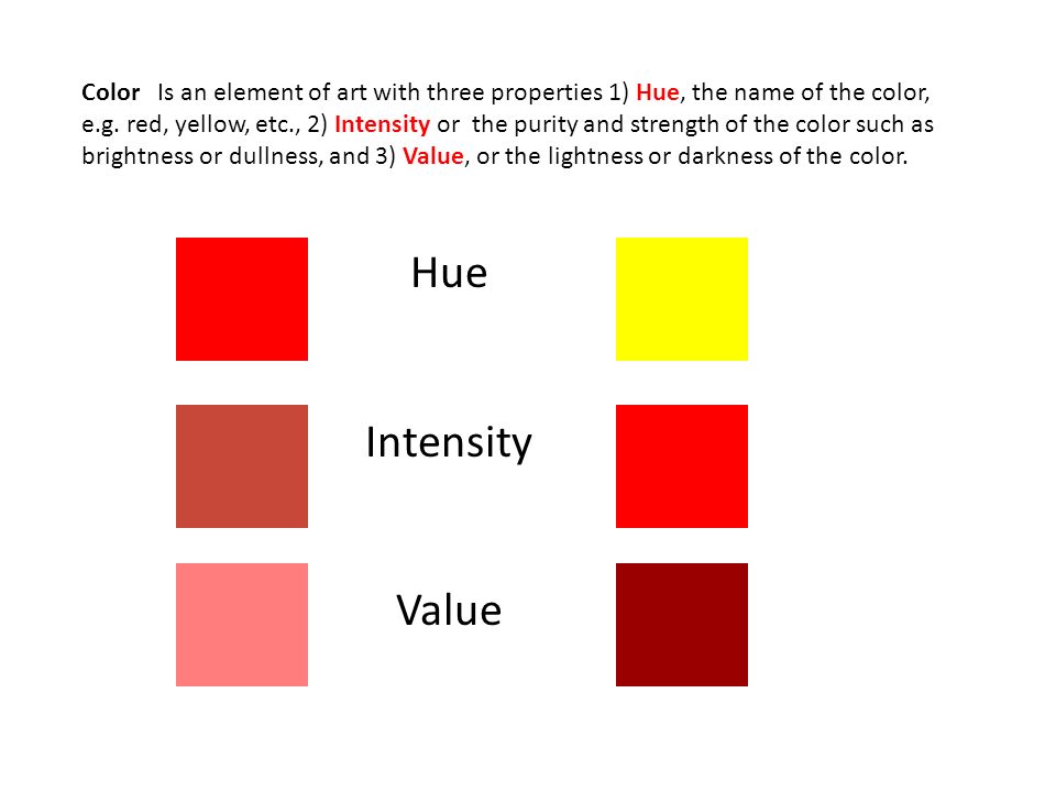 Color Is an element of art with three properties 1) Hue, the name of the color, e.g. red, yellow, etc., 2) Intensity or the purity and strength of the color such as brightness or dullness, and 3) Value, or the lightness or darkness of the color.