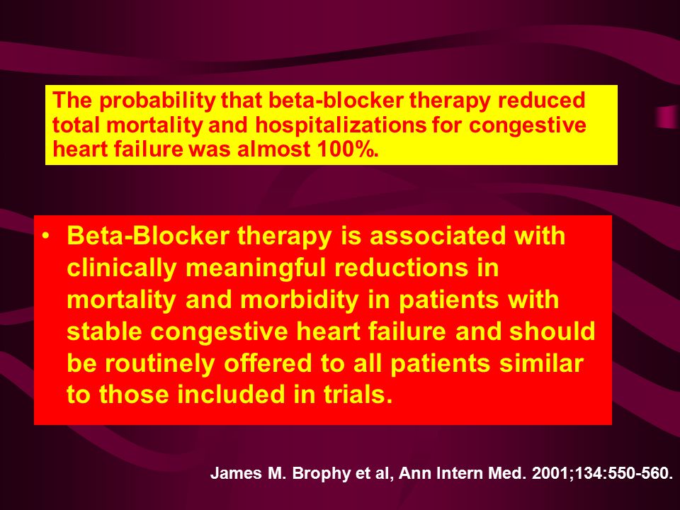 The probability that beta-blocker therapy reduced total mortality and hospitalizations for congestive heart failure was almost 100%.