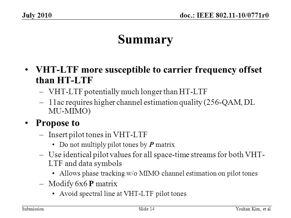 July 2010 Summary. VHT-LTF more susceptible to carrier frequency offset than HT-LTF. VHT-LTF potentially much longer than HT-LTF.