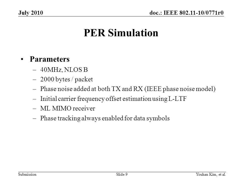 PER Simulation Parameters 40MHz, NLOS B 2000 bytes / packet