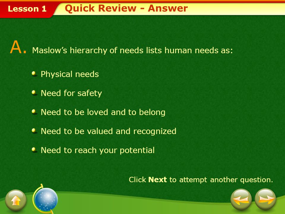 A. Maslow’s hierarchy of needs lists human needs as: