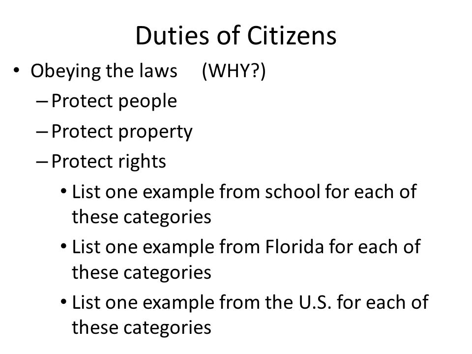 Duties of Citizens Obeying the laws (WHY ) Protect people
