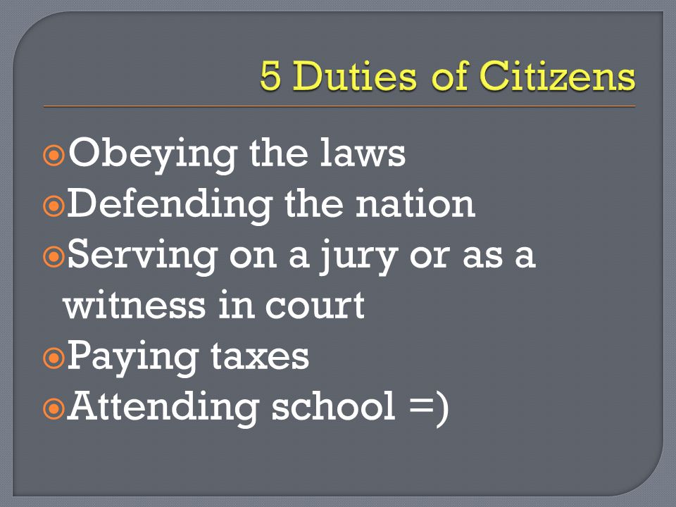 5 Duties of Citizens Obeying the laws Defending the nation