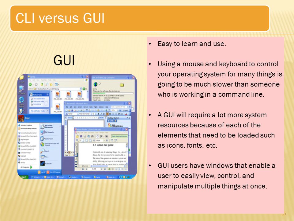 CLI versus GUI GUI Easy to learn and use.