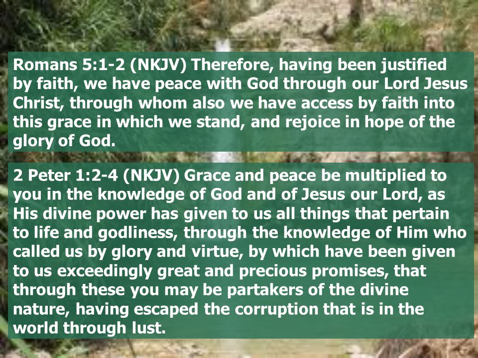 Romans 5:1-2 (NKJV) Therefore, having been justified by faith, we have peace with God through our Lord Jesus Christ, through whom also we have access by faith into this grace in which we stand, and rejoice in hope of the glory of God.
