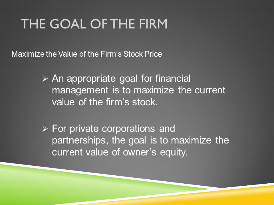 The Goal of the Firm Maximize the Value of the Firm’s Stock Price.