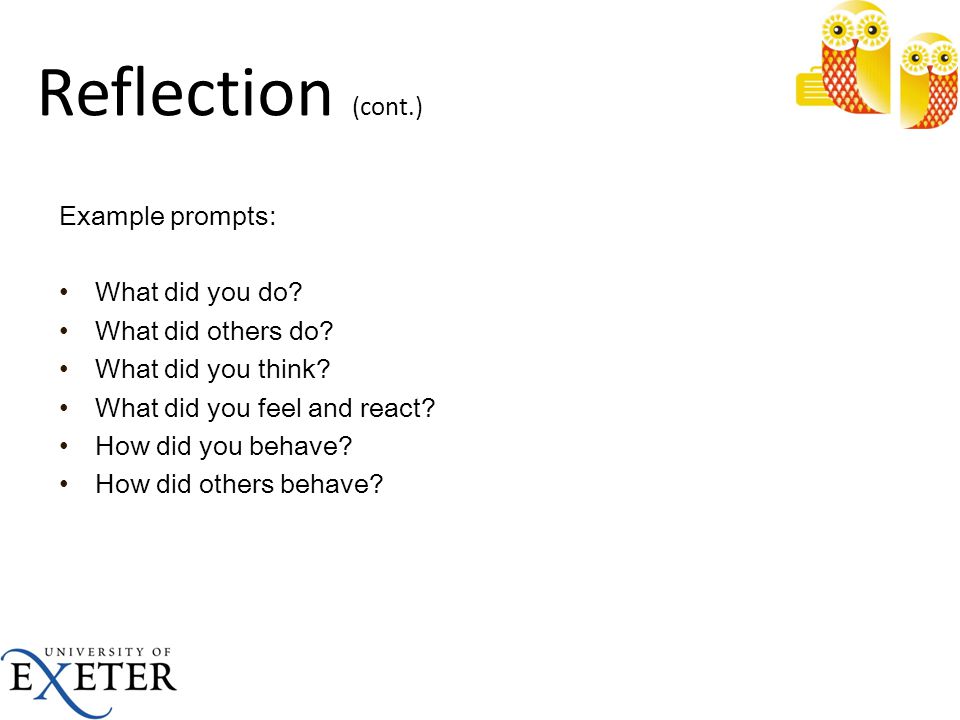 Reflection (cont.) Example prompts: What did you do