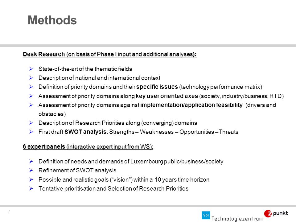 Methods Desk Research (on basis of Phase I input and additional analyses): State-of-the-art of the thematic fields.