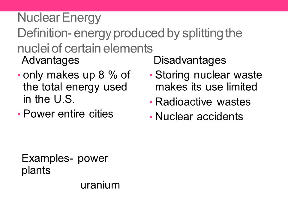 Nuclear Energy Definition- energy produced by splitting the nuclei of certain elements