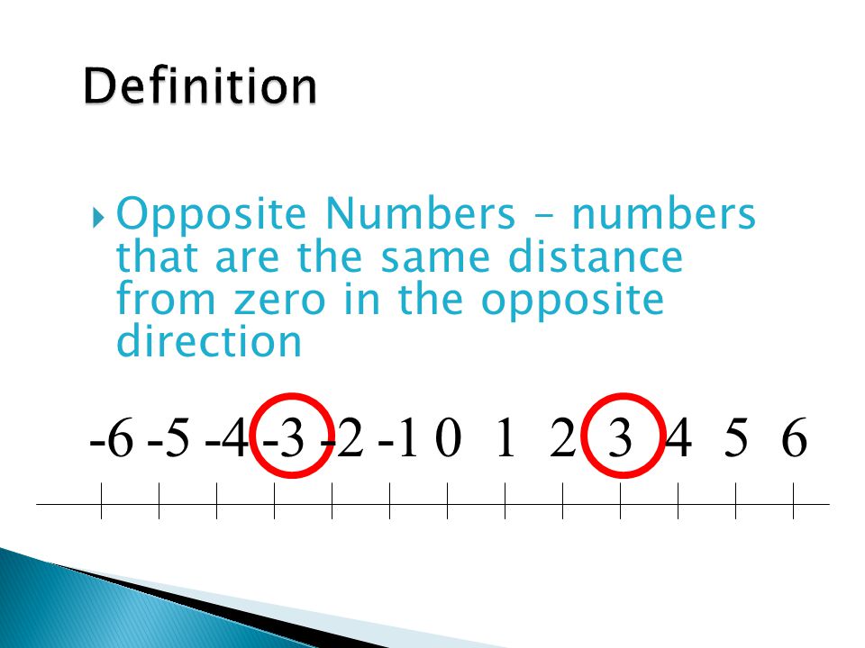 Definition Opposite Numbers – numbers that are the same distance from zero in the opposite direction.