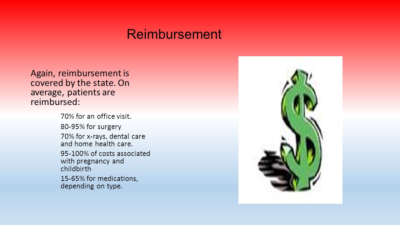 Reimbursement Again, reimbursement is covered by the state. On average, patients are reimbursed:
