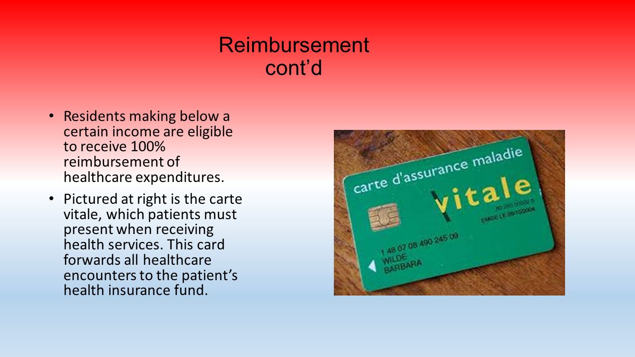 Reimbursement cont’d Residents making below a certain income are eligible to receive 100% reimbursement of healthcare expenditures.