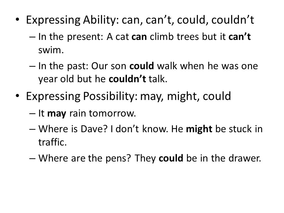 Expressing Ability: can, can’t, could, couldn’t