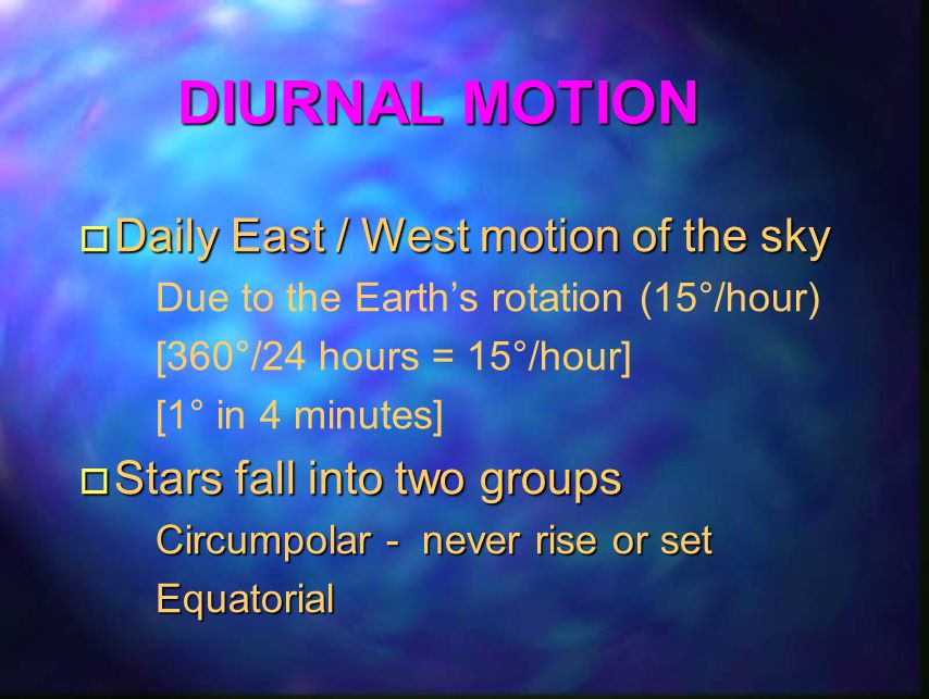 DIURNAL MOTION Daily East / West motion of the sky