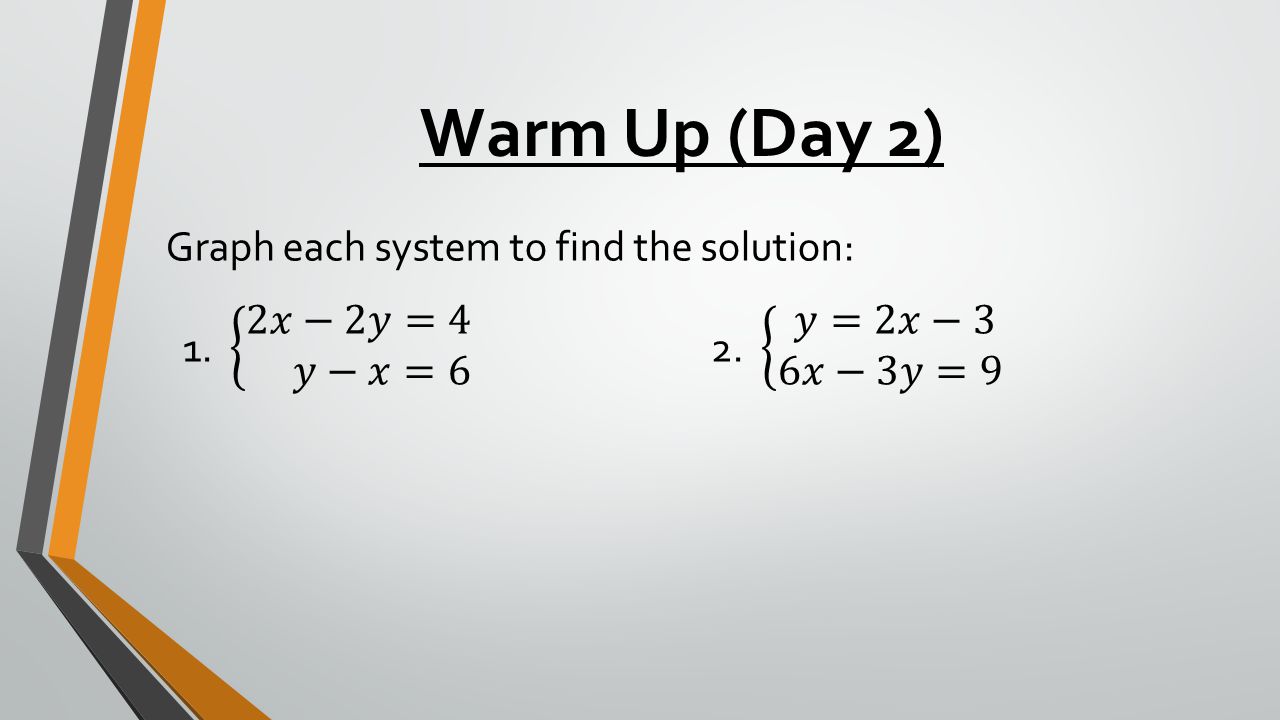 Warm Up (Day 2) Graph each system to find the solution: