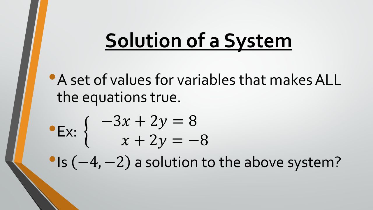 Solution of a System A set of values for variables that makes ALL the equations true. Ex: −3𝑥+2𝑦=8 𝑥+2𝑦=−8.