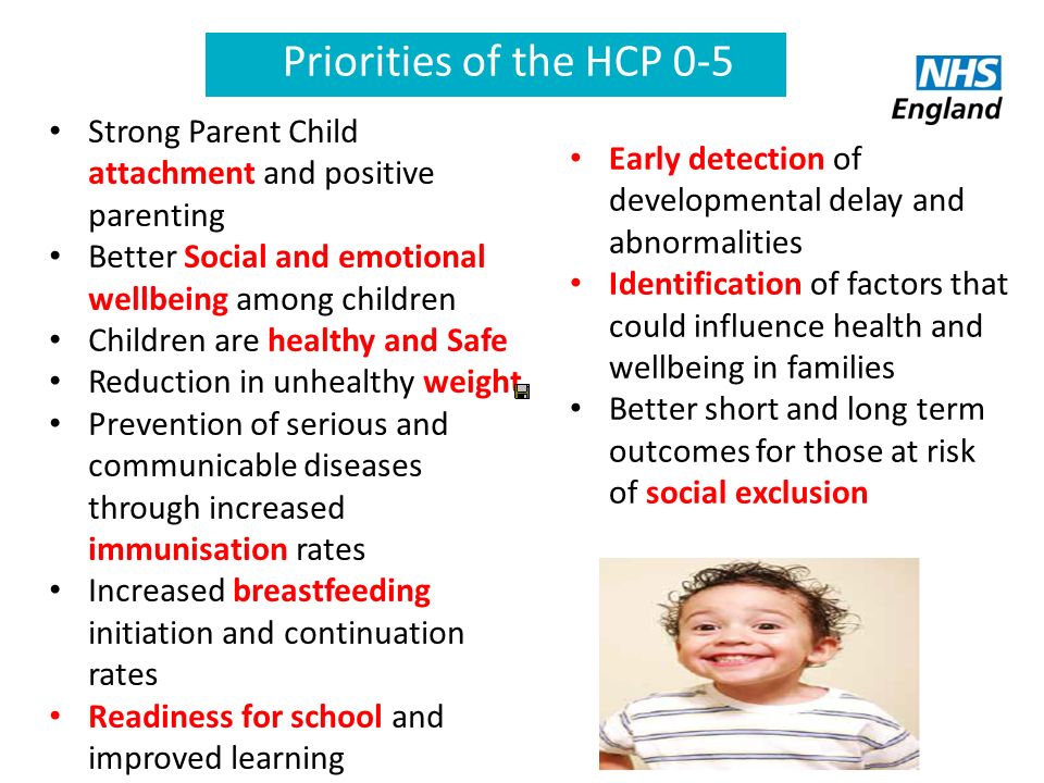 Priorities of the HCP 0-5 Strong Parent Child attachment and positive parenting. Better Social and emotional wellbeing among children.