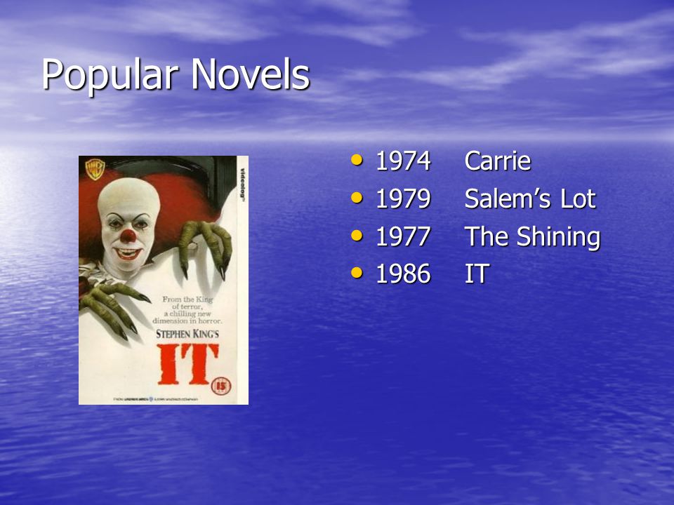 Popular Novels 1974 Carrie 1979 Salem’s Lot 1977 The Shining 1986 IT