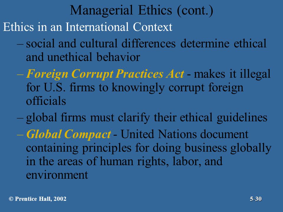 Managerial Ethics (cont.)