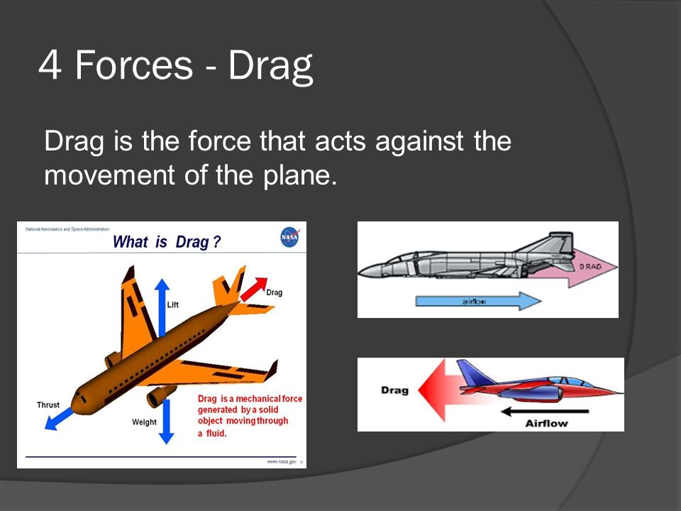 4 Forces - Drag Drag is the force that acts against the movement of the plane.