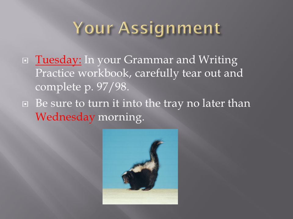 Your Assignment Tuesday: In your Grammar and Writing Practice workbook, carefully tear out and complete p. 97/98.