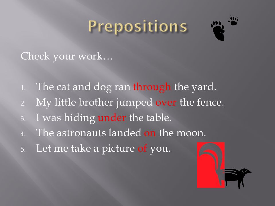 Prepositions Check your work… The cat and dog ran through the yard.