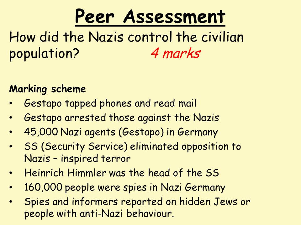 Peer Assessment How did the Nazis control the civilian population 4 marks. Marking scheme. Gestapo tapped phones and read mail.