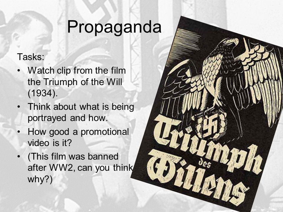 Propaganda Tasks: Watch clip from the film the Triumph of the Will (1934). Think about what is being portrayed and how.