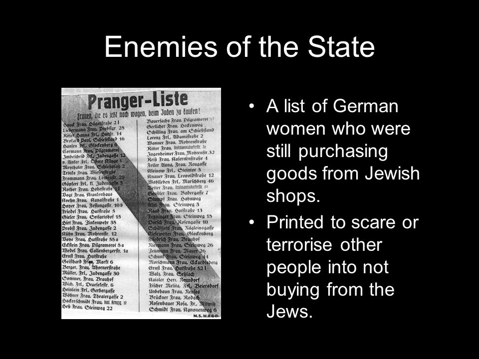 Enemies of the State A list of German women who were still purchasing goods from Jewish shops.
