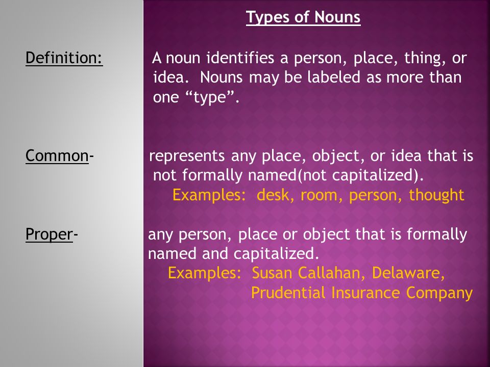 Types of Nouns Definition: A noun identifies a person, place, thing, or. idea. Nouns may be labeled as more than.