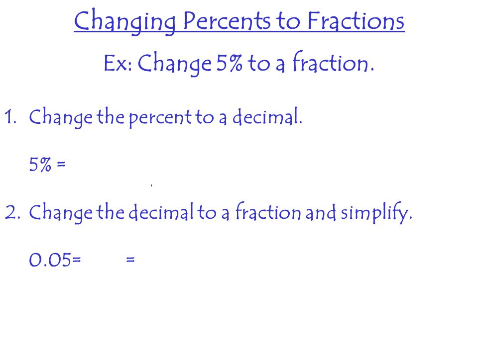 Changing Percents to Fractions Ex: Change 5% to a fraction.